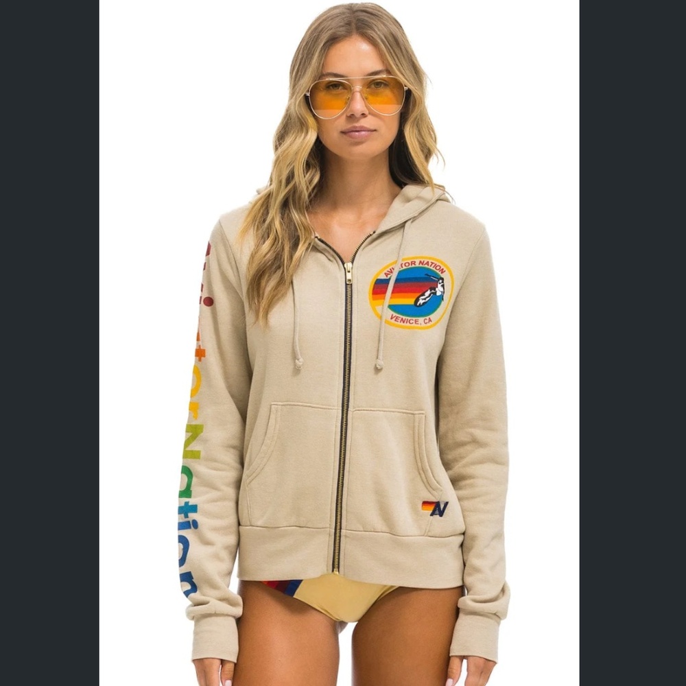 Aviator Nation 5 Stripe Stitch Hoodie in Tan The Hamptons UNISEX  NWOT